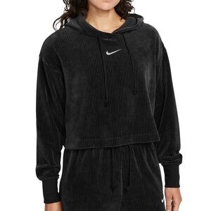 Nike Center Swoosh Velour Corduroy Oversized Black Crop Hoodie Women Size M